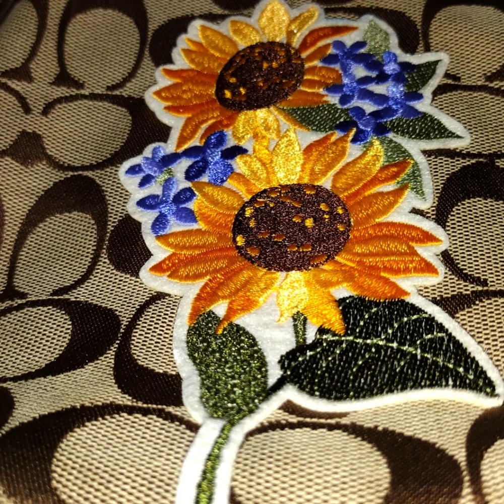 Large Coach Jacquard & Patent Leather Shoulder Bag Floral Applique Tan Yellow